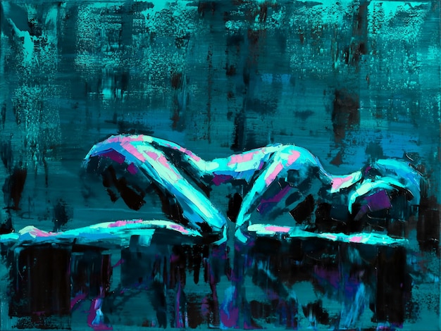 Una ragazza nuda si trova in posizione fetale su uno sfondo scuro, primo piano concettuale di un olio