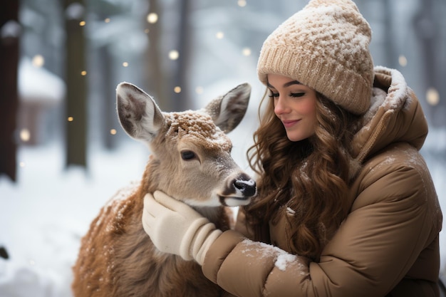 Una ragazza nutre un cervo in un parco invernale
