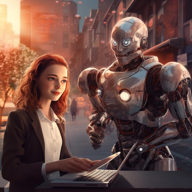 una ragazza personaggio di cartone animato studio con l'aiuto di robot e AI