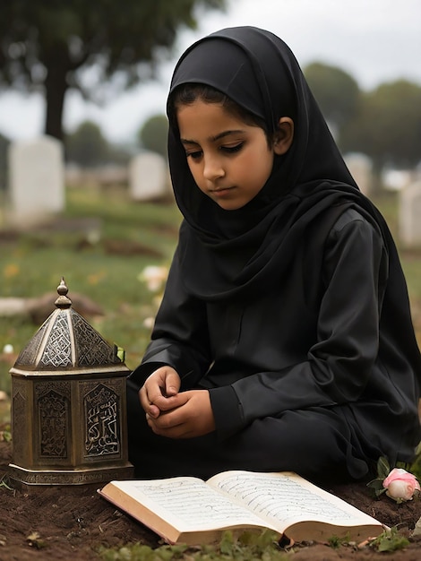 Una ragazza recita il Corano davanti alla tomba di sua madre