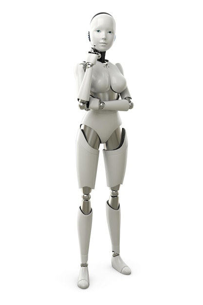 Una ragazza robot umanoide è in piedi e pensa al rendering 3d del concetto di intelligenza artificiale