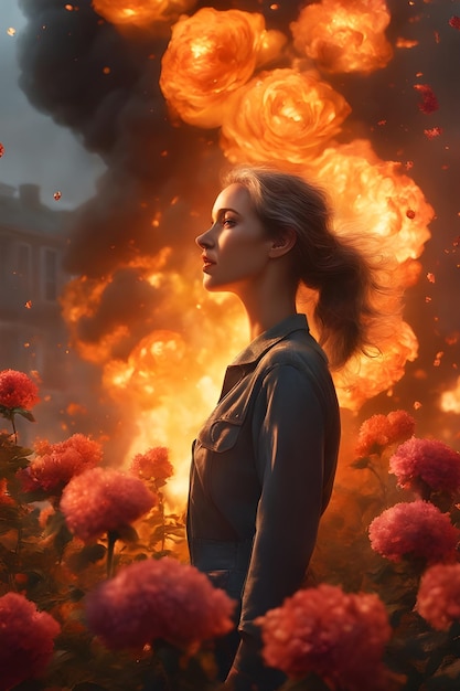 una ragazza romantica circondata da fiori ardenti e fiamme una bellissima scena romantica