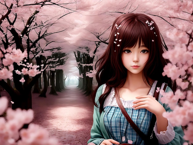 Una ragazza romantica in una foresta di ciliegie fiorisce il suo cuore pieno di speranza e desiderio