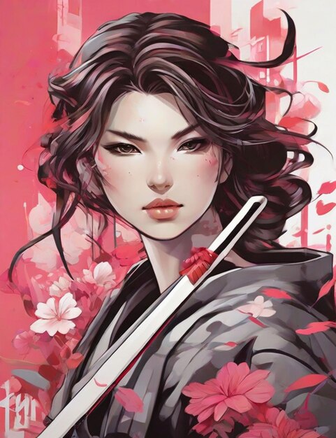 Una ragazza samurai in stile anime con un design semplicistico
