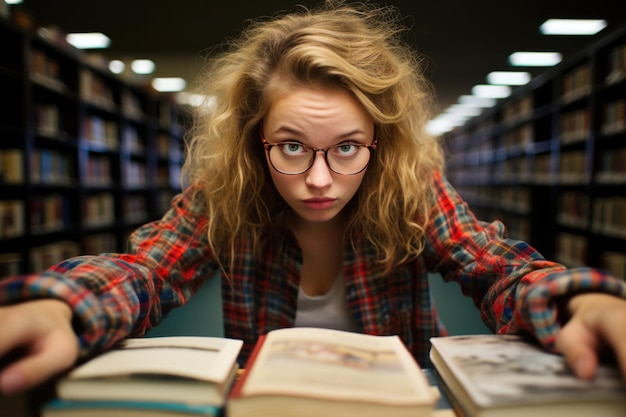 Una ragazza scioccata, un nerd e un nerd con gli occhiali, siedono in biblioteca davanti ai libri Preparazione agli esami