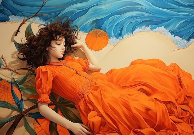una ragazza sdraiata su una spiaggia sabbiosa in un'arancia nello stile dell'azzurro