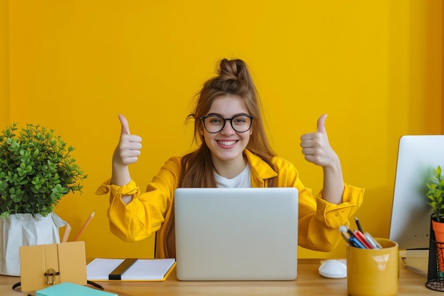 una ragazza seduta alla scrivania con un computer portatile