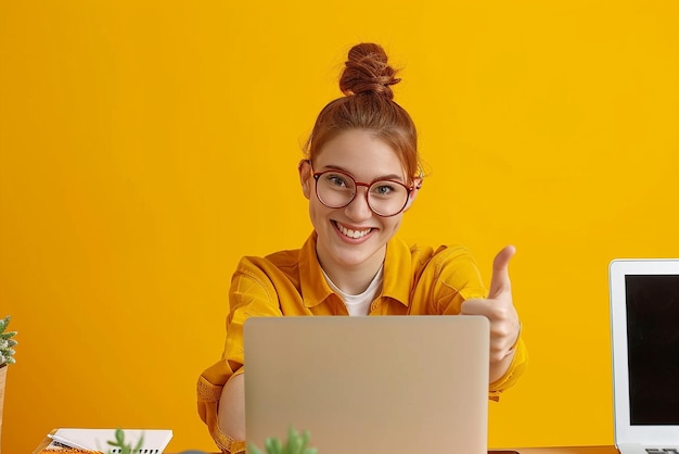 una ragazza seduta alla scrivania con un computer portatile