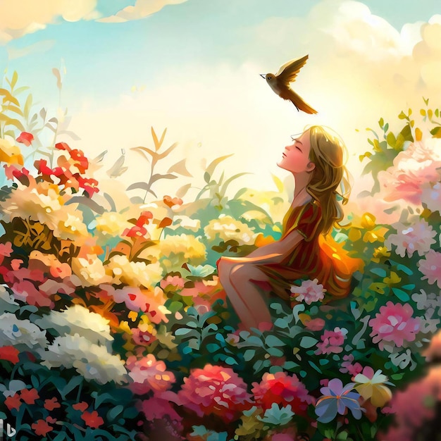 Una ragazza seduta in un giardino di fiori con un uccello che vola sopra