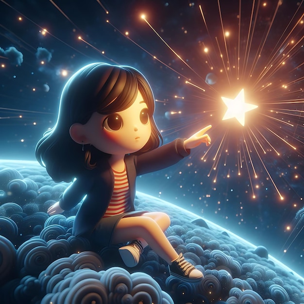 una ragazza seduta nel cielo con le stelle