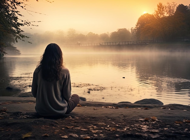 Una ragazza seduta sulla riva del fiume in silenzio Creato con la tecnologia dell'intelligenza artificiale generativa