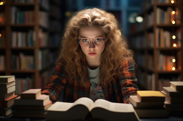 Una ragazza serena con gli occhiali assorta in un libro nel tranquillo rifugio della biblioteca immersa nei suoi pensieri esplora le sfumature della letteratura