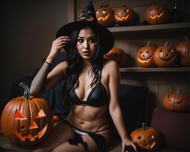 Una ragazza sexy e spaventosa con un costume felice di Halloween.