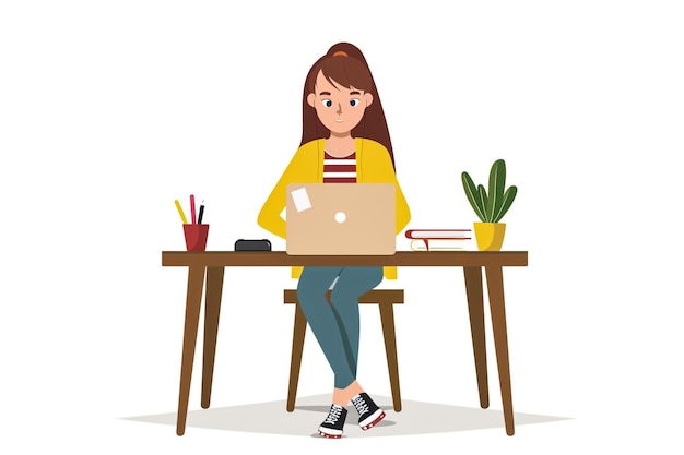 una ragazza si siede a una scrivania con un portatile e una tazza di caffè