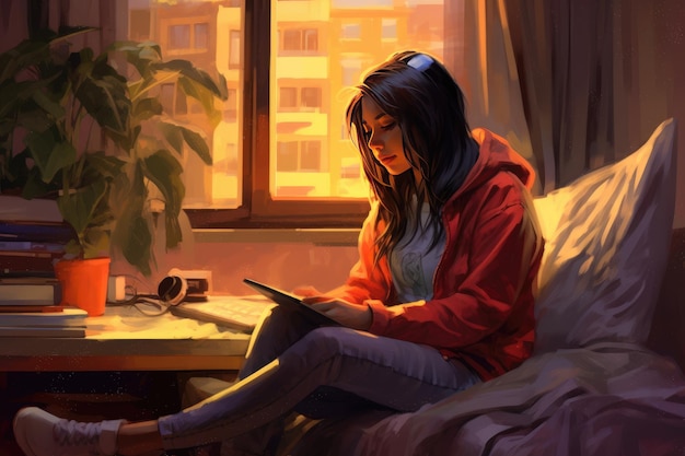 Una ragazza si siede su un divano davanti a una finestra leggendo un libro.