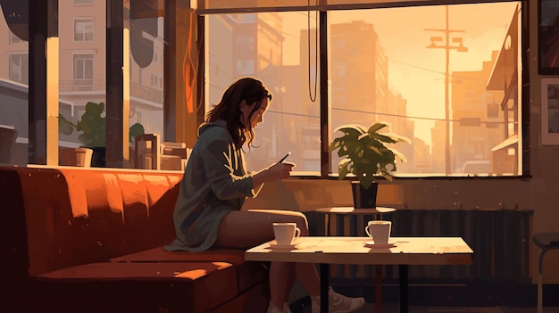 Una ragazza si siede su un divano in un caffè a guardare il suo telefono.