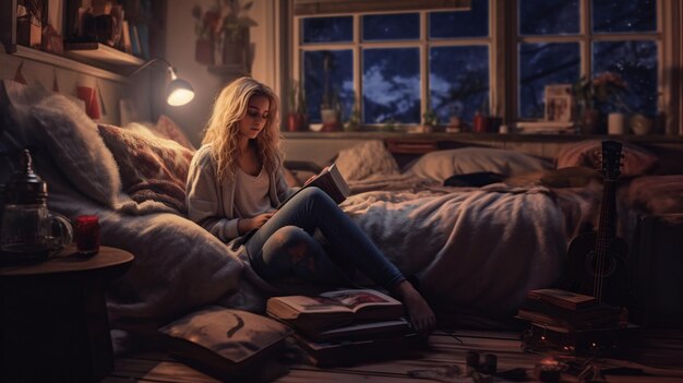 Una ragazza si siede su un letto a leggere un libro.