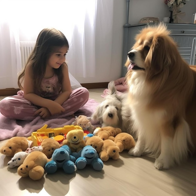 Una ragazza si siede sul pavimento con il suo cane e un peluche.