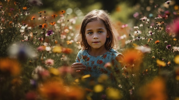 Una ragazza si trova in un campo di fiori.