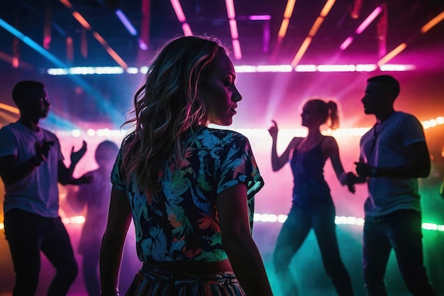 Una ragazza si trova in un club sullo sfondo di persone che ballano discoteca festa luci al neon