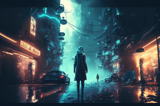 Una ragazza si trova in una città cyberpunk