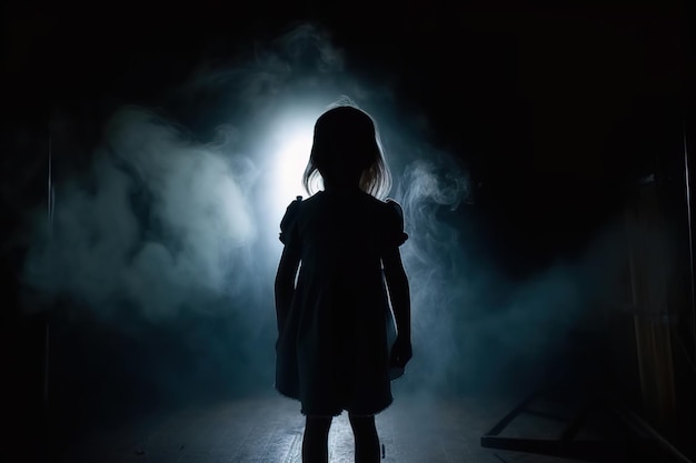 Una ragazza si trova in una stanza buia con una luce dietro di lei.