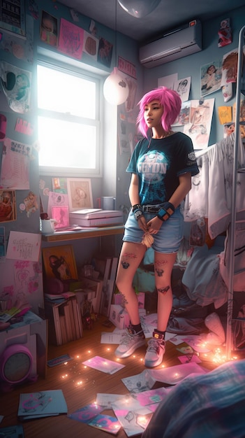Una ragazza si trova in una stanza con un poster che dice "sono una ragazza"