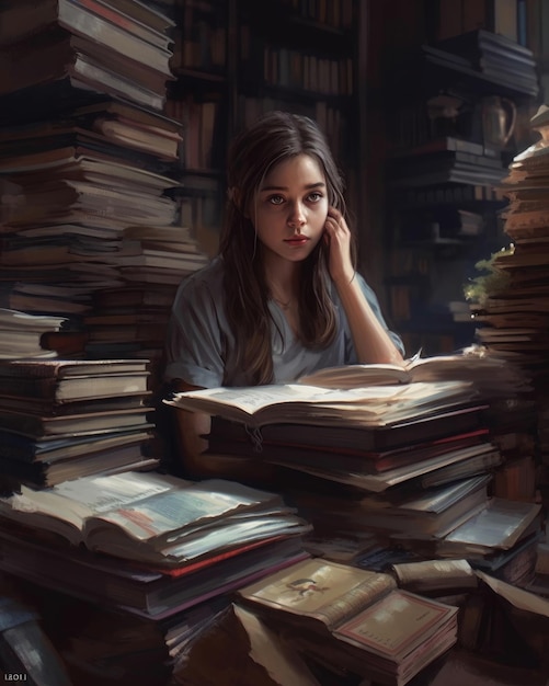 Una ragazza siede a un tavolo in una biblioteca con dei libri sugli scaffali.