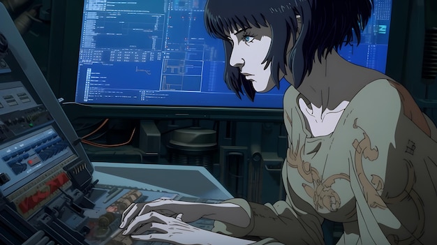 Una ragazza siede a una scrivania davanti allo schermo di un computer che dice fantasma nella conchiglia.