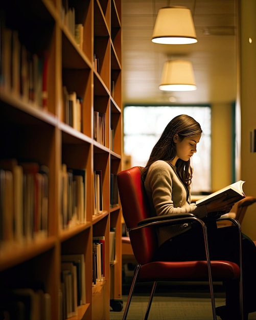 Una ragazza siede in una biblioteca a leggere un libro.