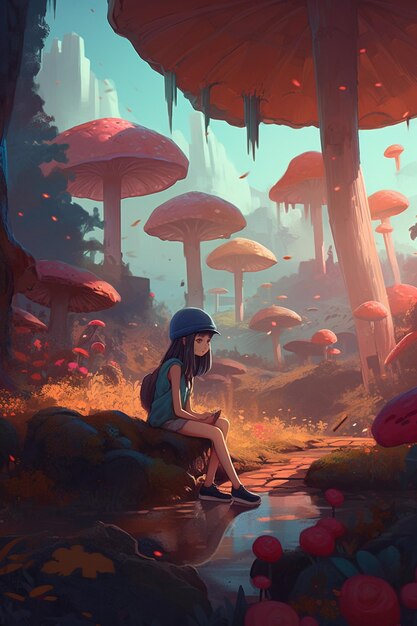 Una ragazza siede in una foresta con uno sfondo di funghi.