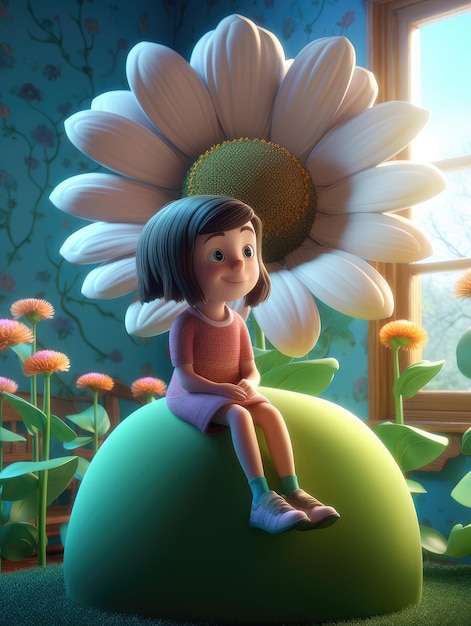 Una ragazza siede su un grande fiore davanti a una carta da parati con un fiore dietro di lei.