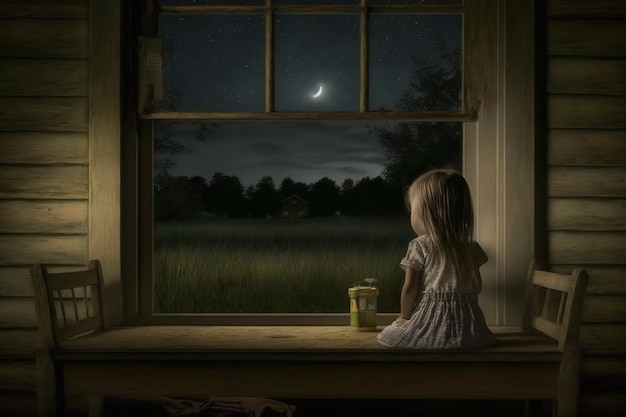 Una ragazza siede sul davanzale di una finestra e guarda la luna.