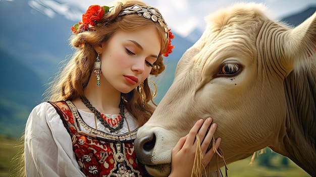 Una ragazza slava in un costume tradizionale abbraccia una mucca