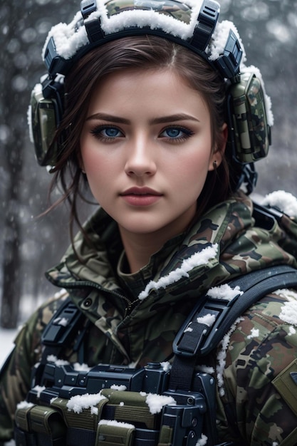 Una ragazza soldato molto muscolosa con un taglio di capelli che indossa una tuta militare mimetica invernale