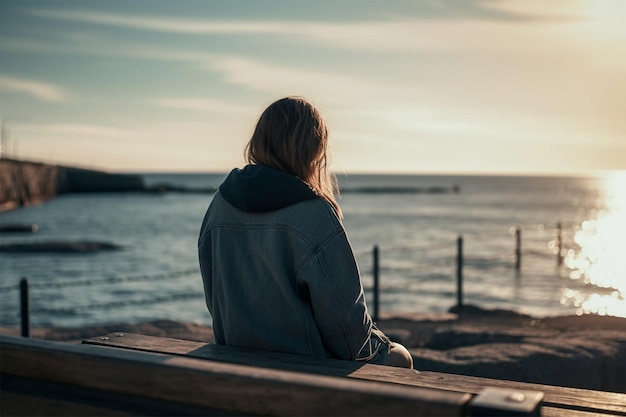 Una ragazza solitaria seduta su una panchina con vista sul mare