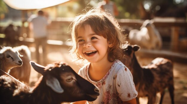 Una ragazza sorride gioiosa mentre nutre e accarezza una varietà di agnelli in una fattoria, una commovente dimostrazione di amore per tutte le cose viventi