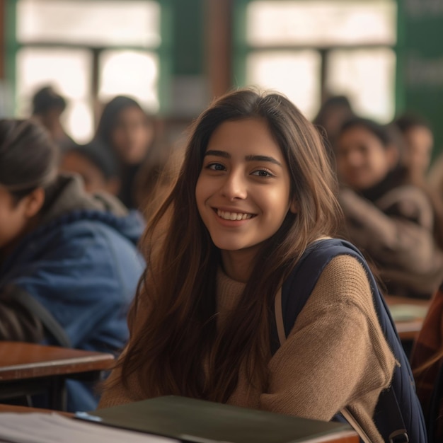 una ragazza sorride in una classe con altri studenti.