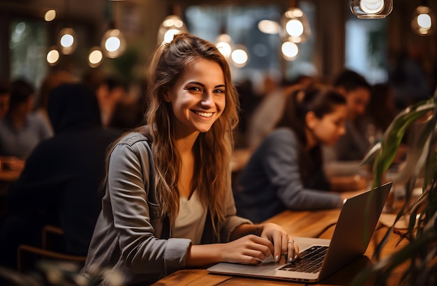 Una ragazza sorride mentre usa un portatile in un bar.