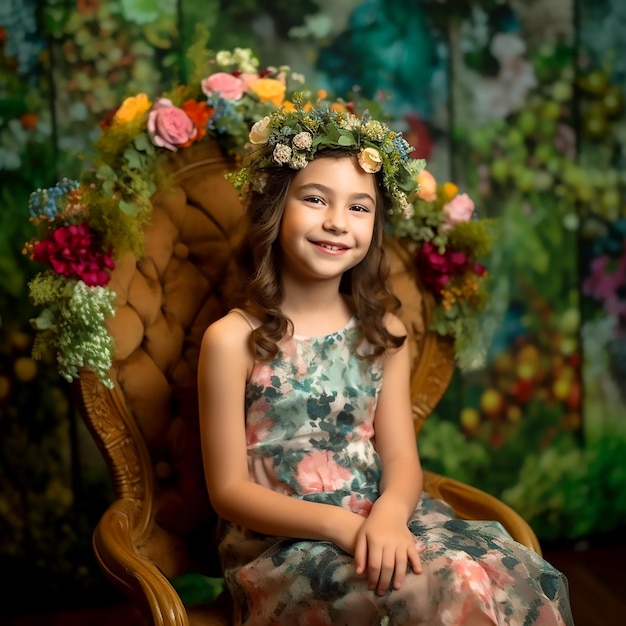Una ragazza sorridente carina in un abito elegante e una corona floreale in posa per la fotocamera in tema floreale