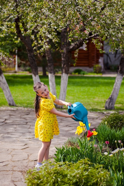 Una ragazza sorridente e allegra in un vestito giallo innaffia i tulipani gialli da un annaffiatoio blu in piedi su ...