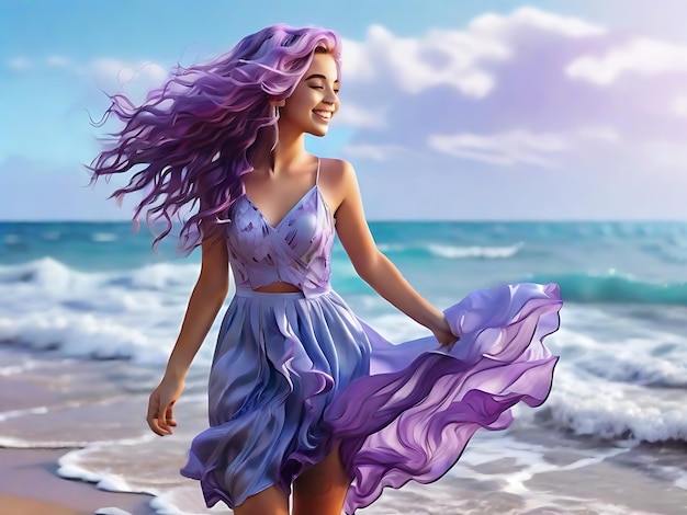 Una ragazza sorridente e carina con un vestito blu e i capelli viola sulla spiaggia