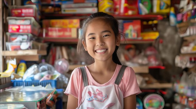 Una ragazza sorridente in un negozio di giocattoli