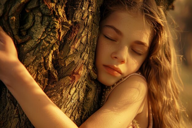 Una ragazza sta abbracciando un tronco d'albero