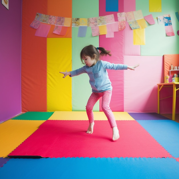 Una ragazza sta ballando in una stanza con un muro arcobaleno dietro di lei.