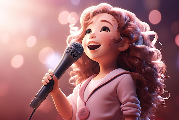 una ragazza sta cantando in un microfono nello stile di rosa chiaro e marrone