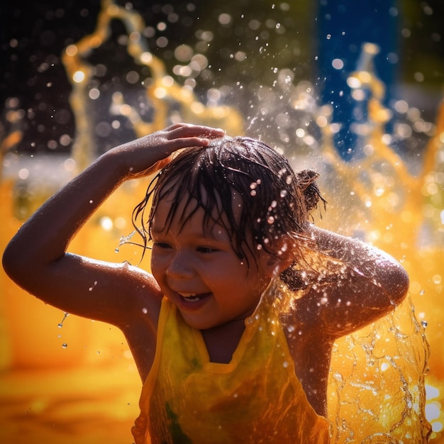 Una ragazza sta giocando in una fontana con i capelli all'aria.