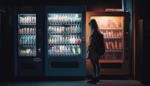 una ragazza sta guardando un distributore automatico