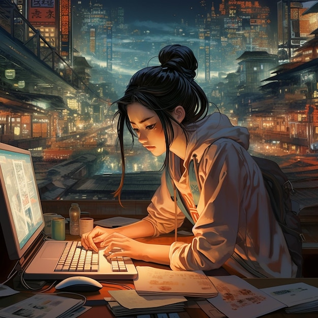 una ragazza sta lavorando su un laptop con una città sullo sfondo.