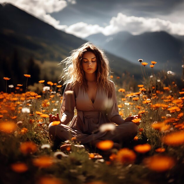 Una ragazza sta meditando in un campo di fiori